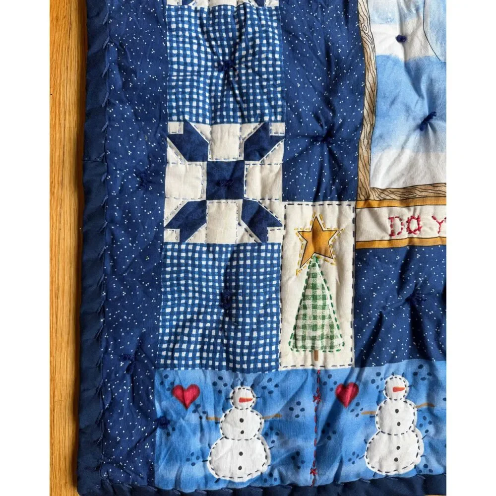 Blue Snowman Hand Sewn Christmas Holiday Quilt Throw Wall Hanging 32.5 x 40 Tied